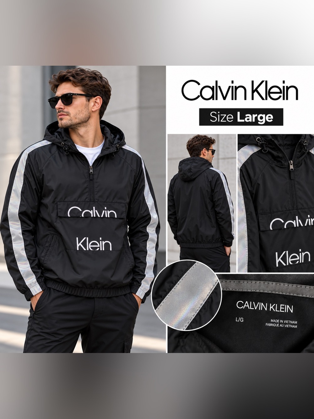 Calvin Klein Black Windbreaker Jacket with Reflective Silver Stripes